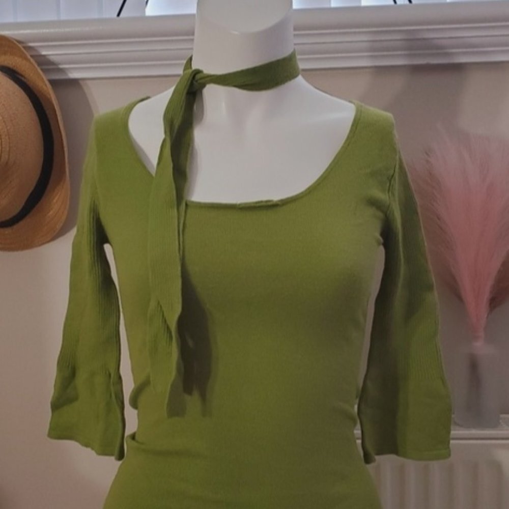 Vintage Le Château Bell Sleeve tie neck sash Knit Ribbed Top- Grass Green